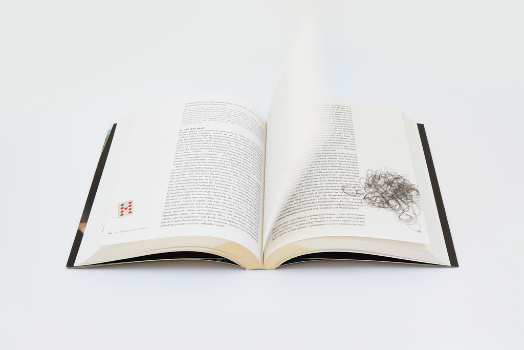 Das aufgeschlagene Buch "Nelly Sachs. Flucht und Verwandlung" zeigt das Layout mit einer selbst blätternden Seite