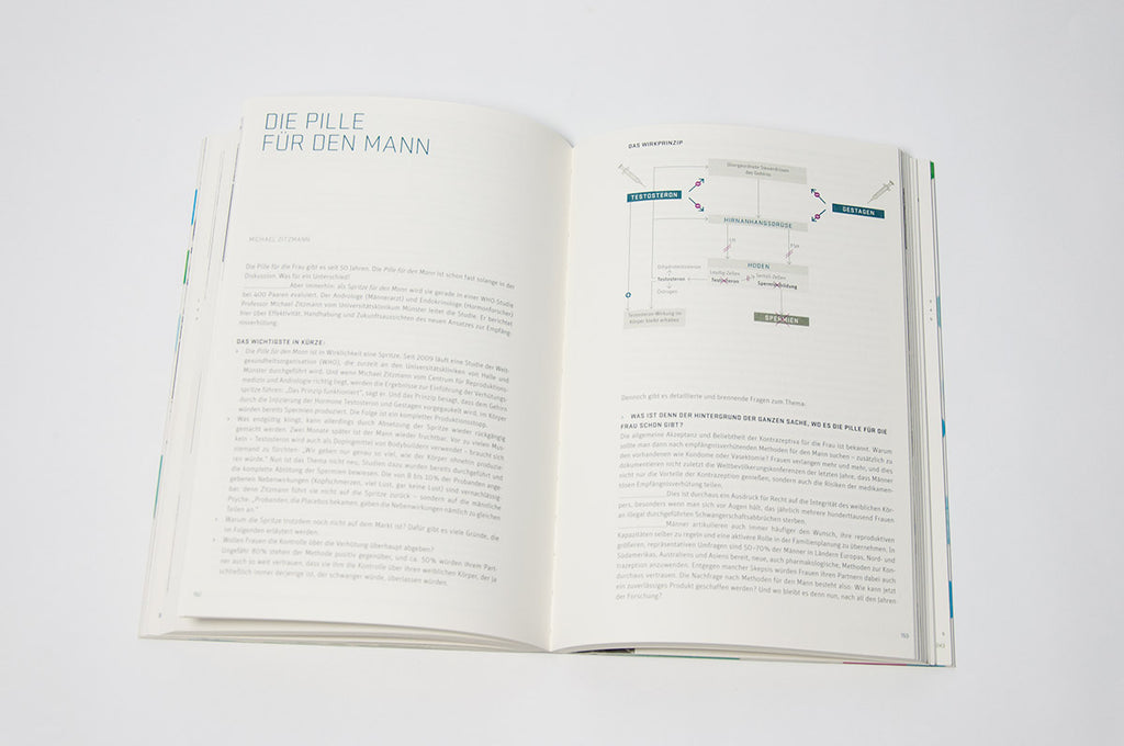 Das aufgeschlagene Buch "Pillen und Pipetten" zeigt eine Doppelseite mit dem Layout eines Essays